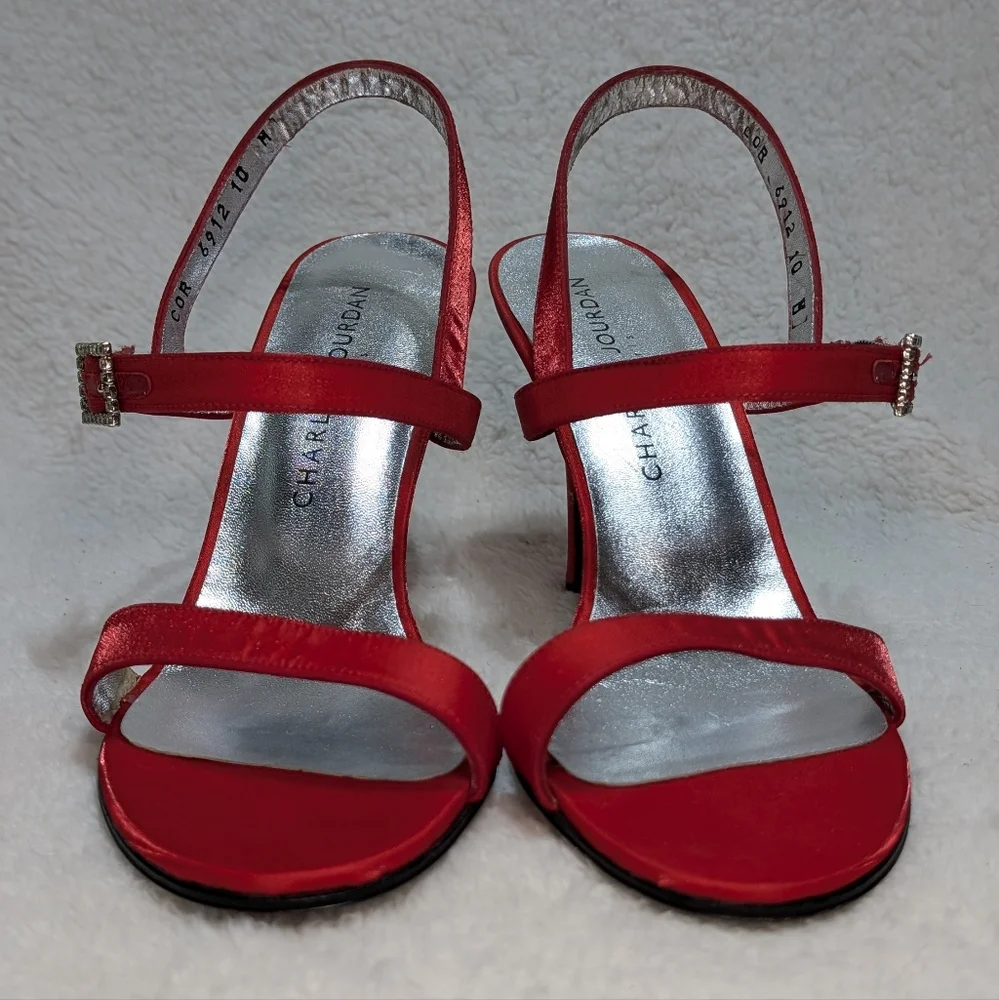 Charles Jourdan Paris Scarlet Red Satin Heels Rhinestone Square Buckle Womens 10 - Picture 4 of 12